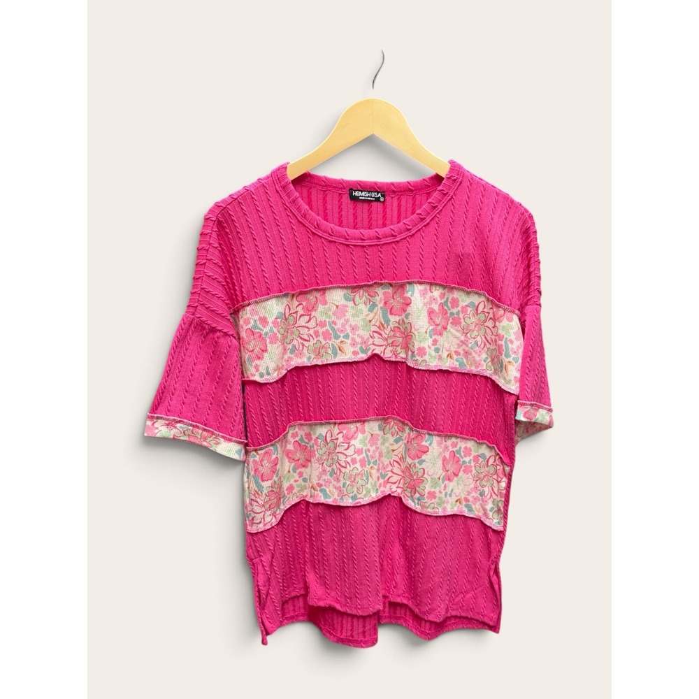 Heimish USA Hot Pink Cable Knit Floral Contrast Top S ET8111-10 Short Sleeve